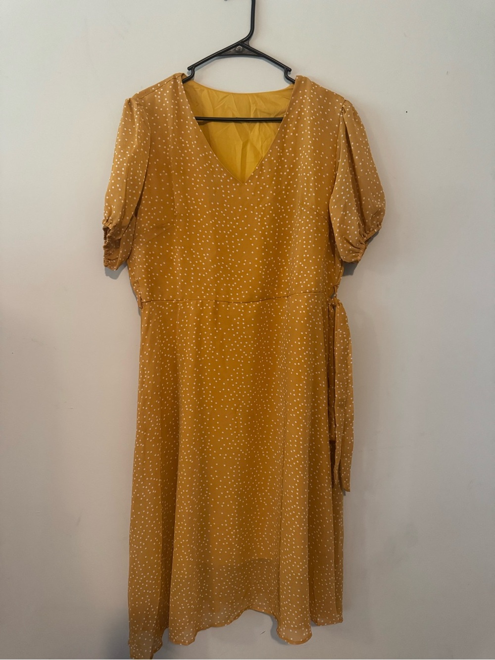 Mustard Polka Dot V-Neck Dress w/ tie
